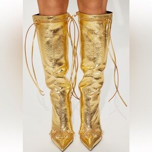 Gold knee high boots- Fashion nova